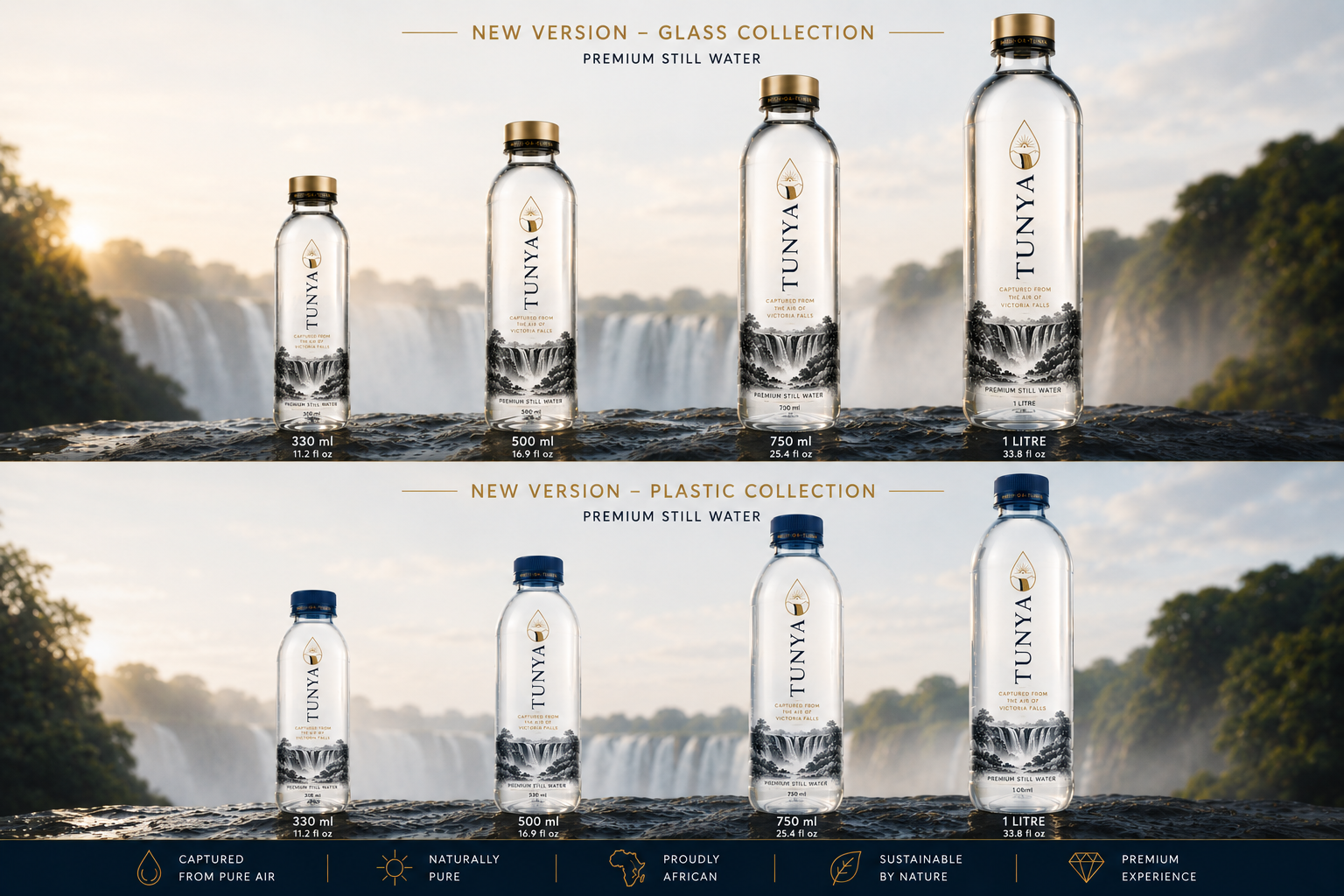 The TUNYA glass and plastic bottle collections — from 330 ml to 1 litre with gold and navy caps — standing on wet rock against a misty Victoria Falls backdrop